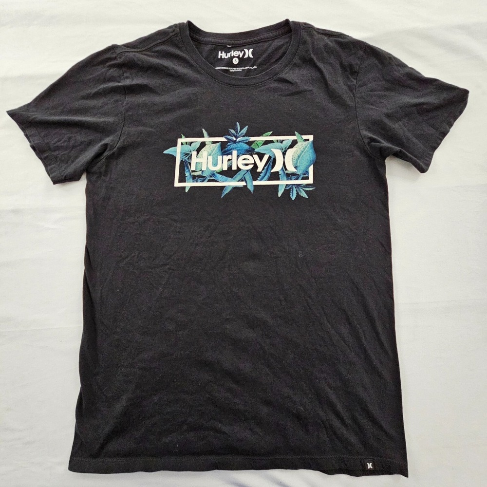 Hurley Black Short Sleeve Cotton Floral Logo T-Shirt Men's S‎